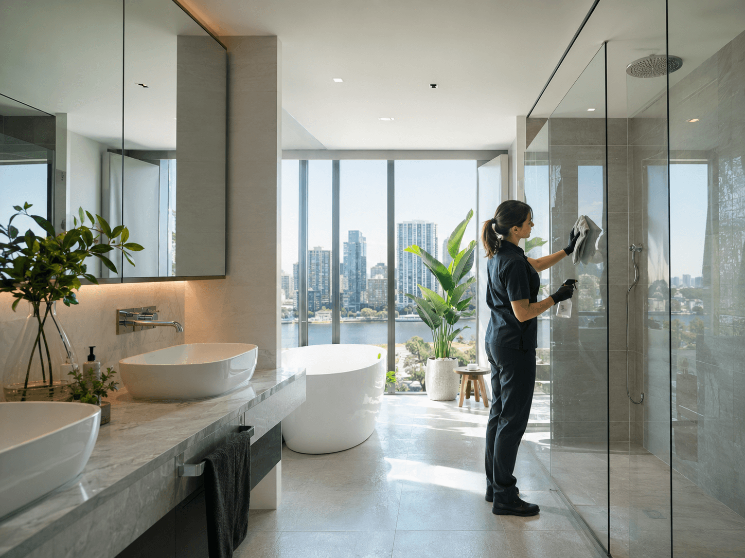Tangora cleaner detailing a bright modern bathroom