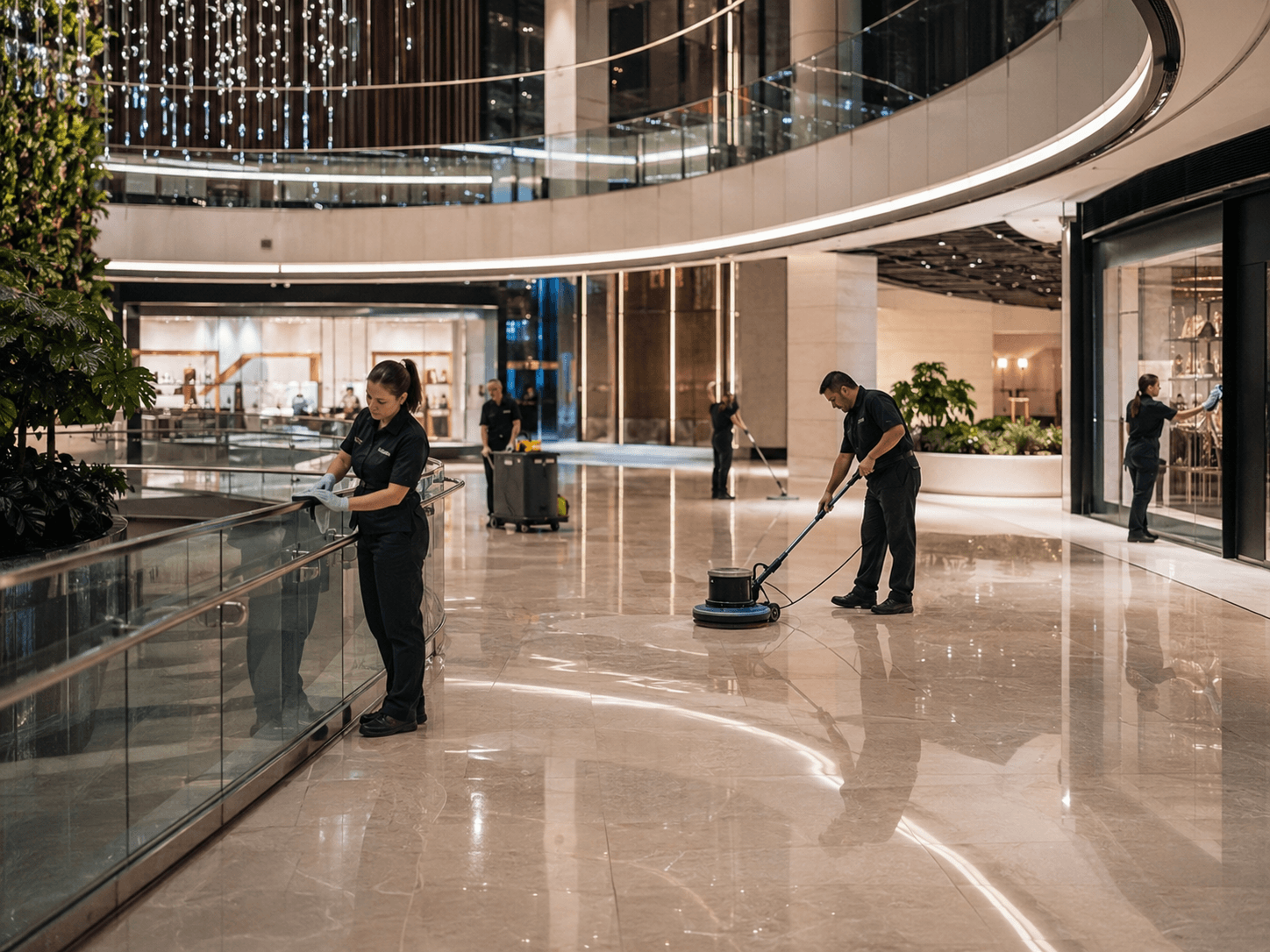 Tangora cleaners servicing a polished commercial interior